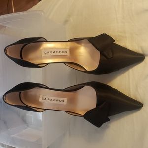 Black satin d'orsay pumps
